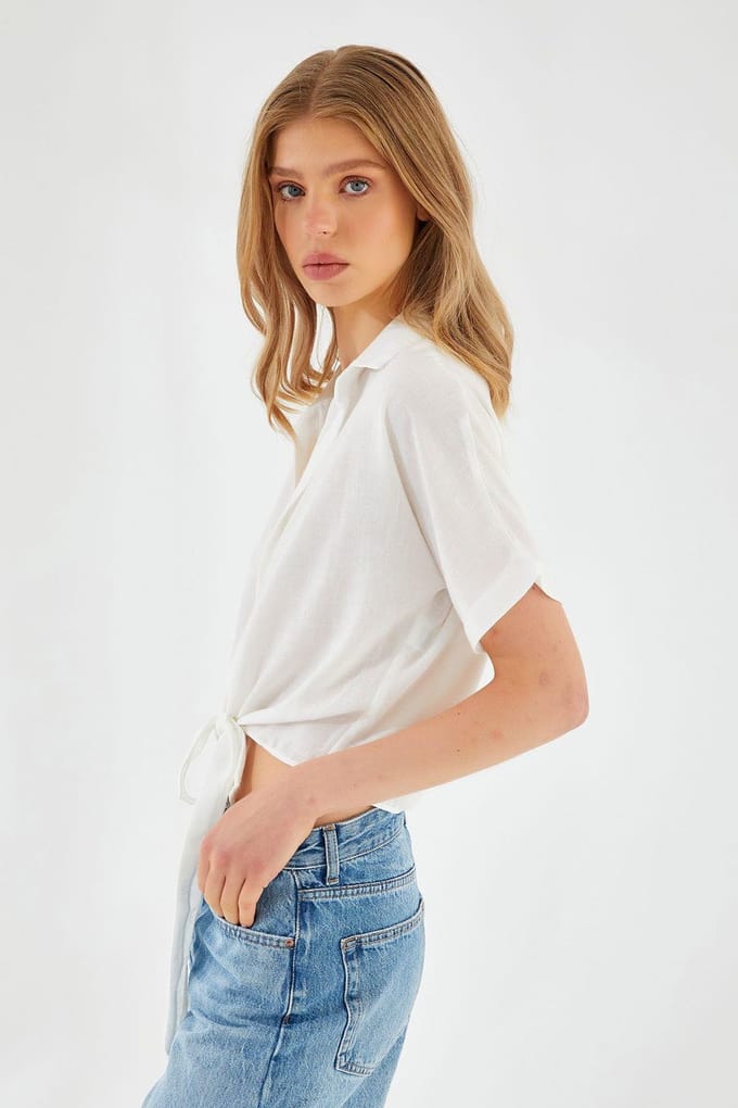 V-hals Touwsluiting Slim Fit Cropped Shirt