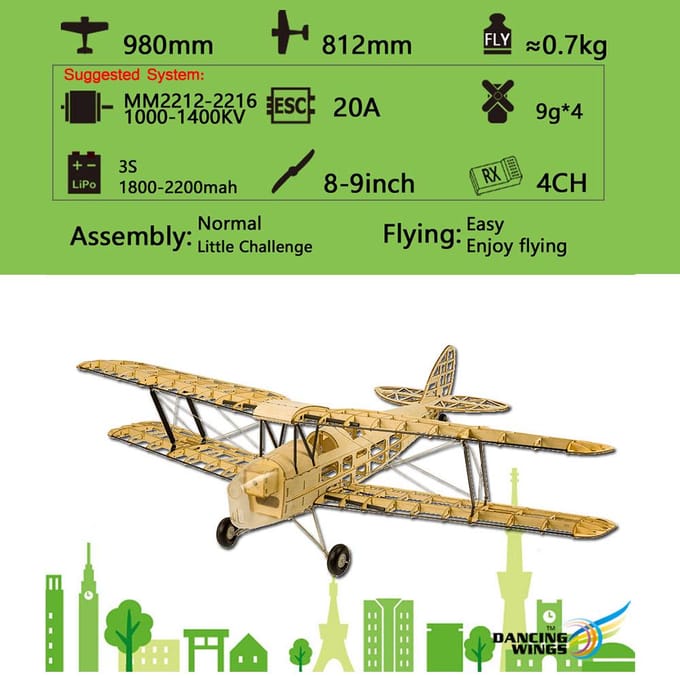 Dancing Wings Hobby S1901 Balsa bois RC avion Tiger Moth télécommande biplan KIT non assemblé