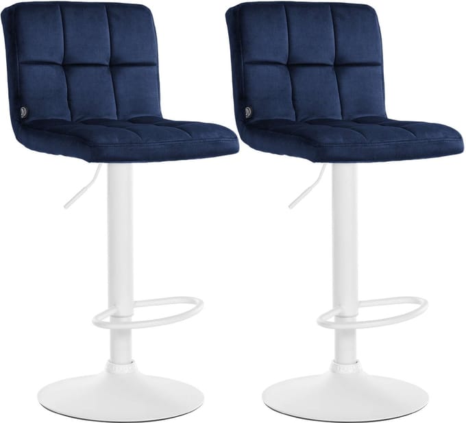 CLP Peru Set van 2 barkrukken - Met rugleuning - Voetsteun - Fluweel - Velvet - wit/blauw
