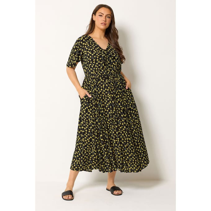 Yours Zwartgele Maxijurk Met Bloemenprint En Gekreukeld Effect Size 48
