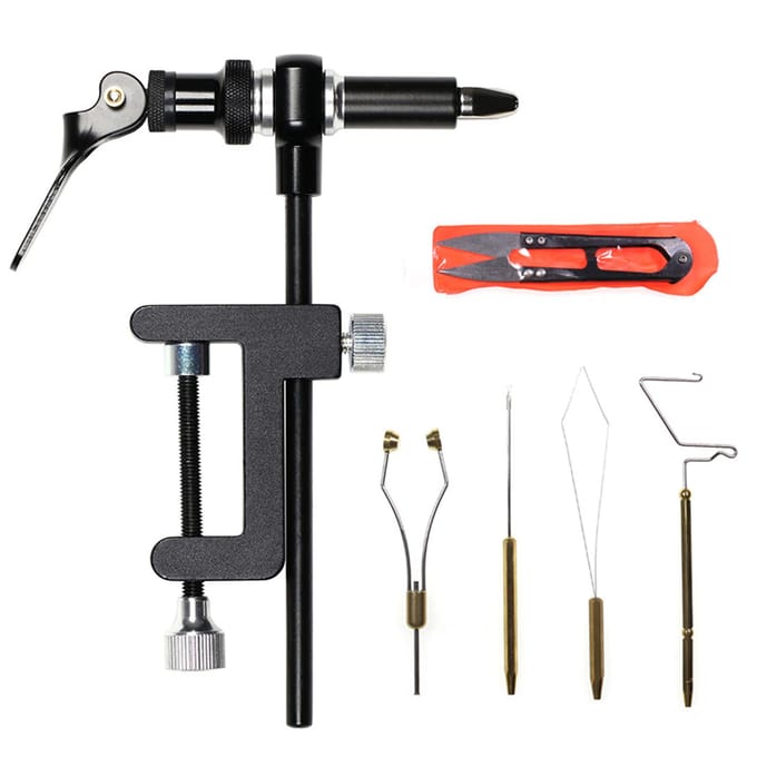 Vliegbindgereedschap Combo Kit Vliegbindbankschroef Spoelhouder Rijger Naald Zweep Afwerker Schaar 6pcs set black