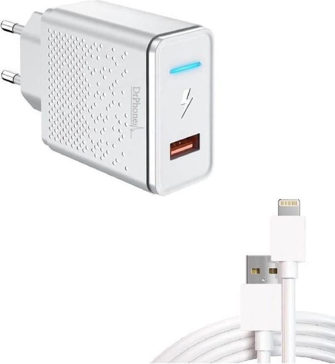 DrPhone LS3 - 18W Oplader + Kabel - Lader met LED indicator + 3 Meter Kabel - Voor o.a iOS Smartphones / iOS Tablets modellen - Wit