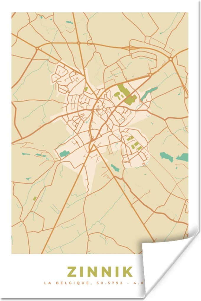 Poster Kaart - Stadskaart - België - Zinnik - Plattegrond - 40x60 cm