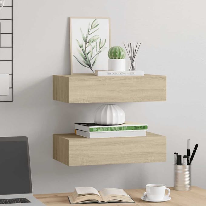 vidaXL - Wandschappen - 2 - st - met - lade - 40x23,5x10 - cm - MDF - eikenkleurig