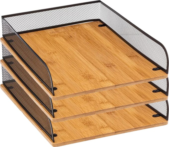 5Five kantoor brievenbak/postbakje A4 formaat - 3x - zwart mesh - bamboe