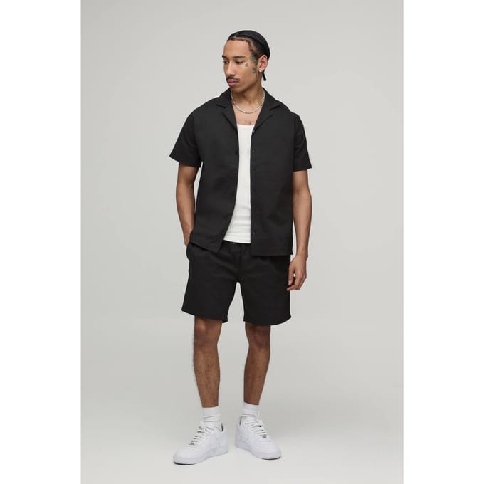Twill Contrastband Regular Overhemd & Relaxed Shorts Set | Charcoal | Size Medium