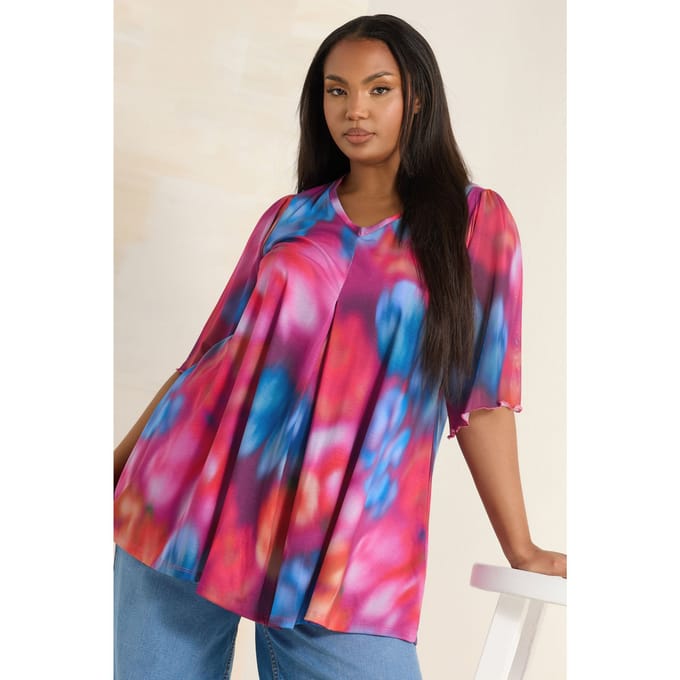 Yours Limited Collection Meshtop Met Abstracte Print In Roze/Blauwsize 48