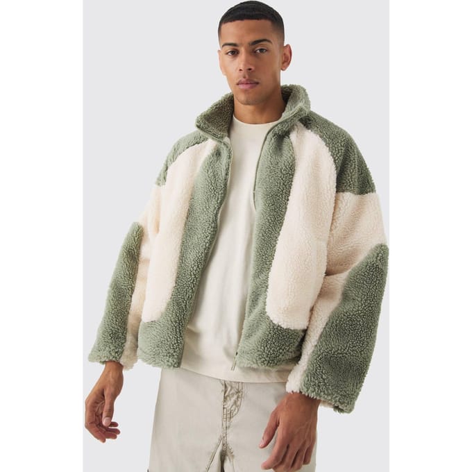 Colour Block Borg Jacket In Sage | Size Medium