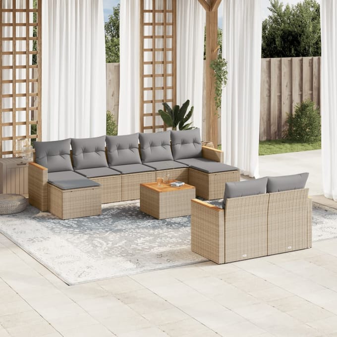 vidaXL - 10-delige - Loungeset - met - kussens - poly - rattan - gemengd - beige