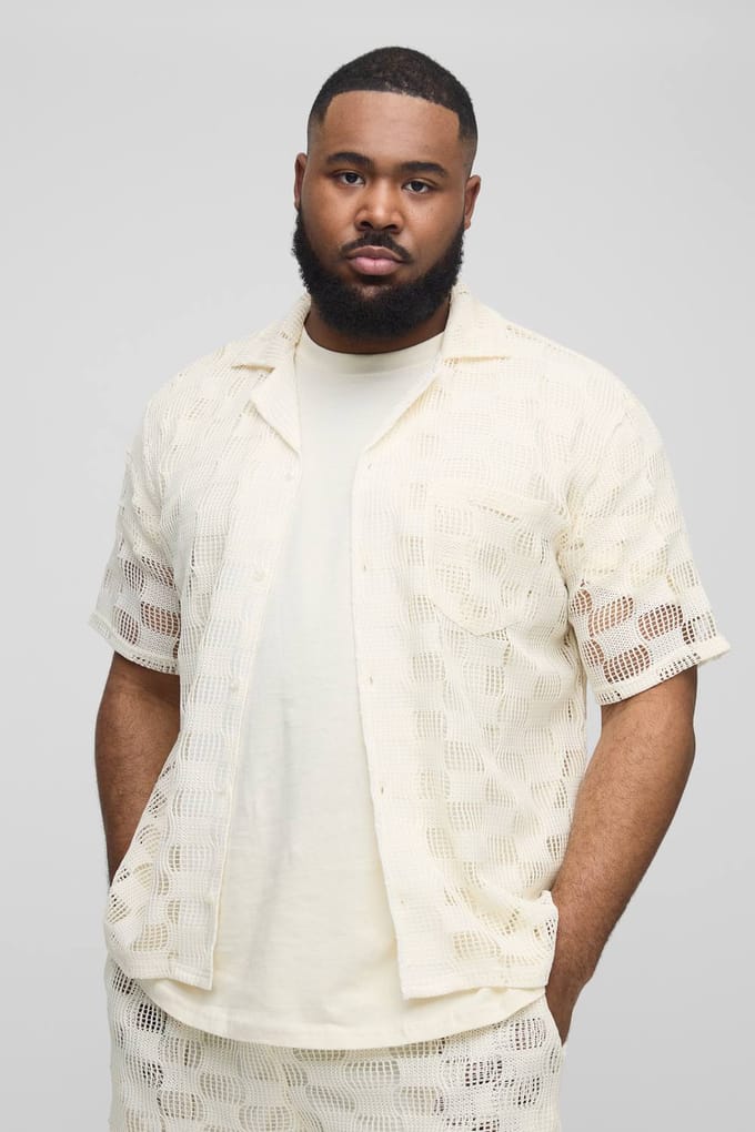Plus Check Open Stitch Oversized Revere Shirt | Stone | Size 2XL