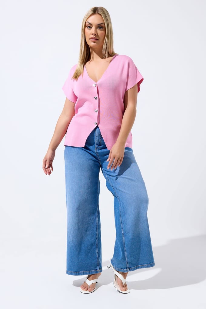 Limited Collection Roze Compacte Gebreide Top Met Korte Mouwen Size 48