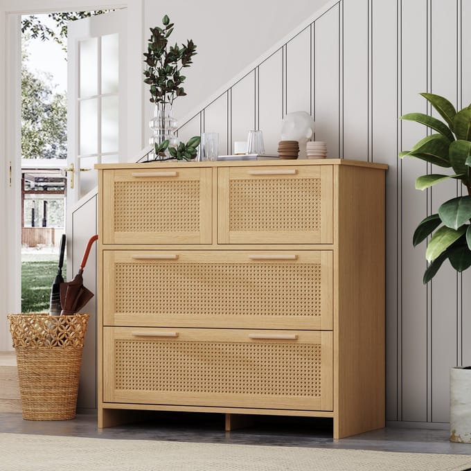 STILVORA Dressoirs - Opbergkast Rattan 4 Lades - Stijlvol En Functioneel Voor Thuis - 80x80x38 cm - MDF - Naturel