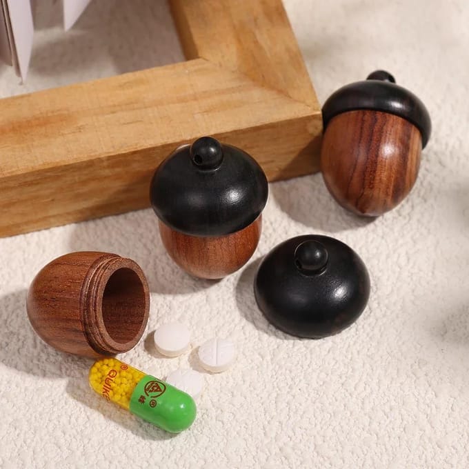 1/20x Mini Houten Eikel Hanger Doos Draagbare Reddingspillendoos Tabletten Organizer Multifunctionele Opbergcontainer DIY Eikel Hanger black