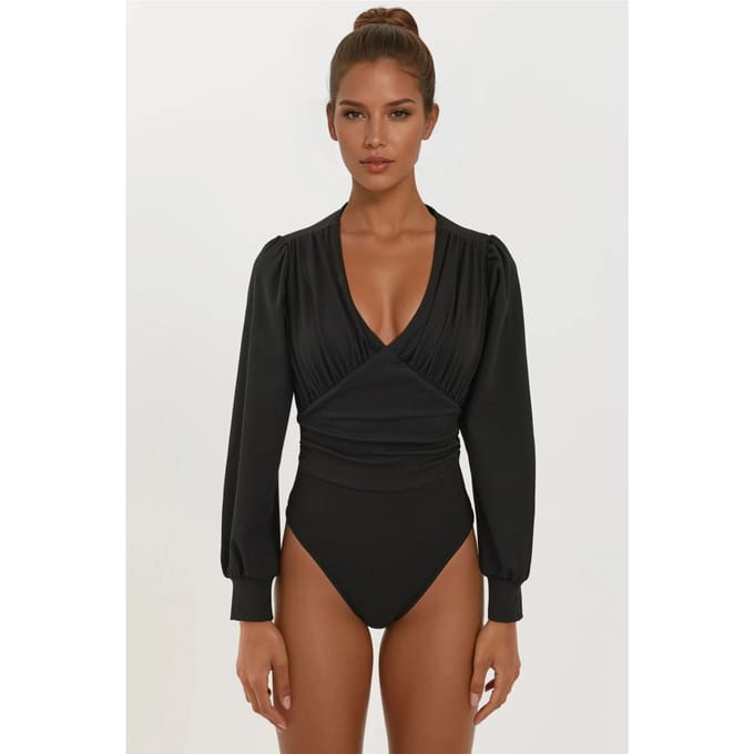Slim Fit V-Hals Ballonmouwen Bodysuit