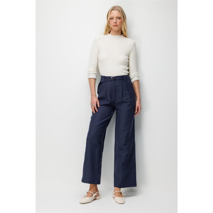 Hoge Taille Geweven Wijde Pijpen Broek met Ceintuur