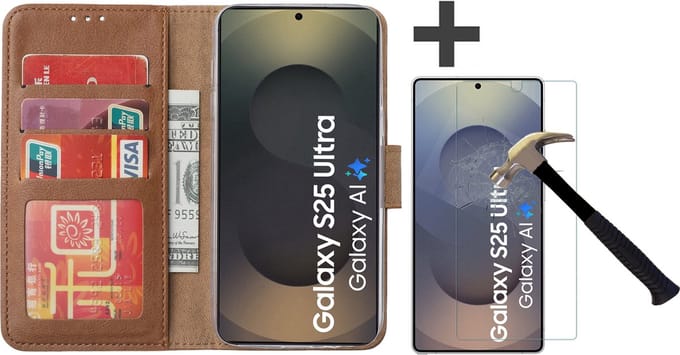Hoesje met Screenprotector Geschikt voor Samsung Galaxy S25 Ultra – Arara bookcase met pasjeshouder - Bruin