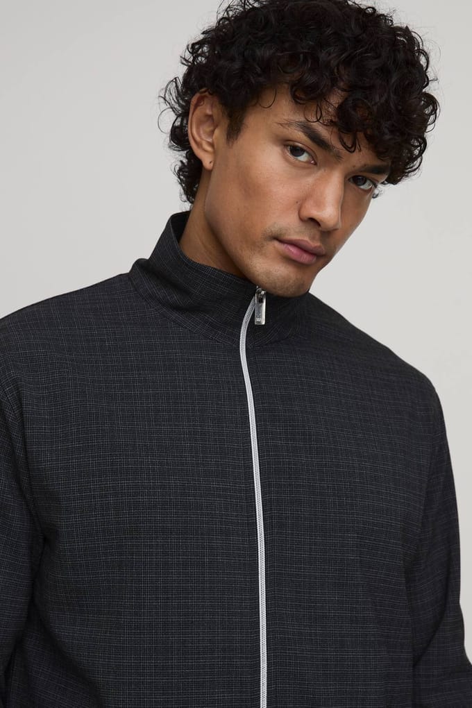 Micro Check Double Zip Funnel Neck Regular Fit Harrington Jacket Co-ord | Charcoal | Size XS