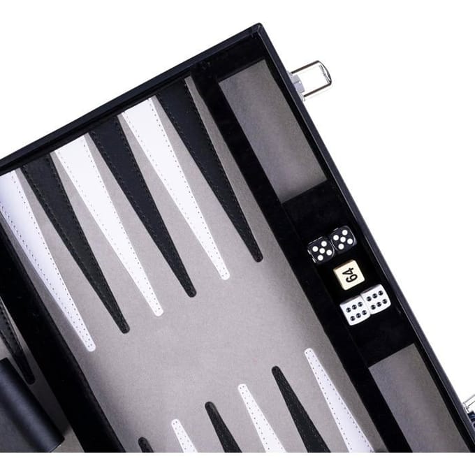 Backgammon 15 inch - Grijs, Zwart & Wit Gestikt Bord - Kunstlederen Koffer met Handvat - Engelhart