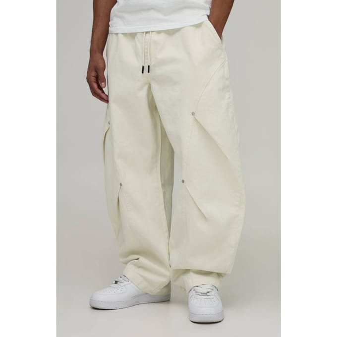 Ballonmodel Broek Met Elastische Taille, Dubbele Beenplooi En Twill Stof | Ecru | Size Medium