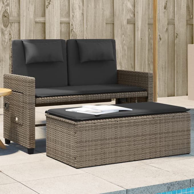 vidaXL - Tuinbankje - verstelbaar - met - kussens - poly - rattan - grijs