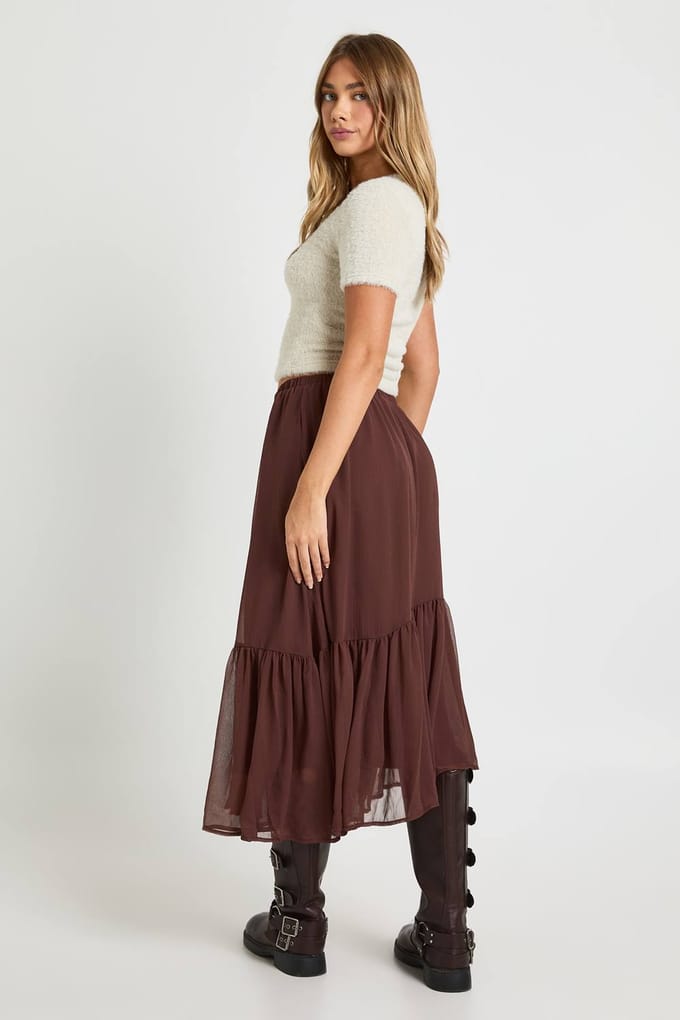boohoo Dames Chiffon gelaagde maxi-rok | Chocolate | Maat: 6