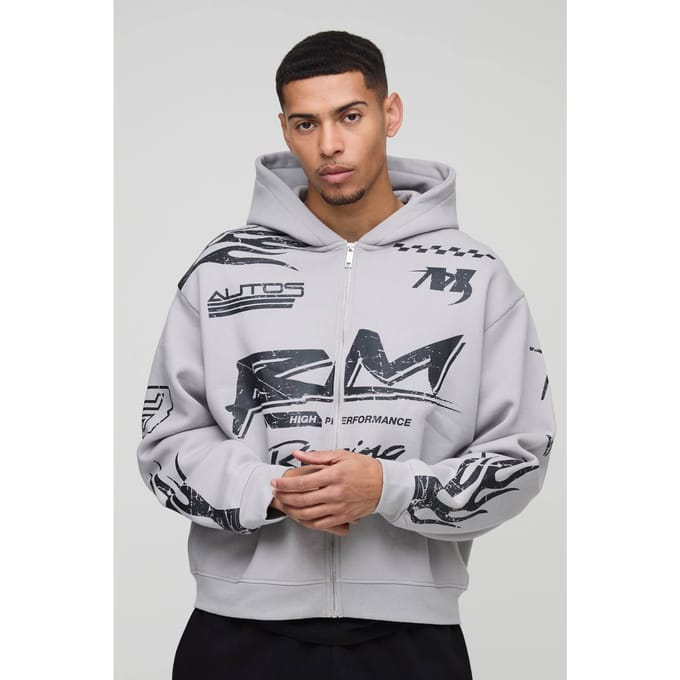 Oversized Boxy Moto Racing Flame Zip Through Hoodie | Grey | Size Small