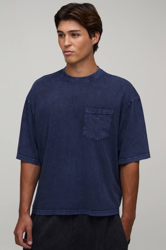 Essentieel Gewassen Oversized Boxy T-shirt Met Borstzak | Navy | Size Large