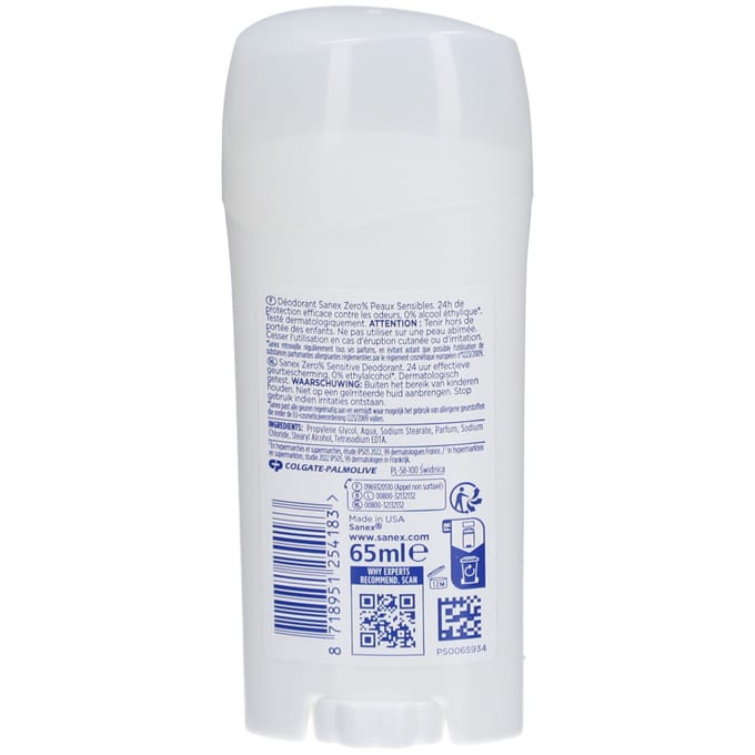 Sanex Zero% Sensitive Déodorant Stick pour Peaux Sensibles 24h 65 Deodorant