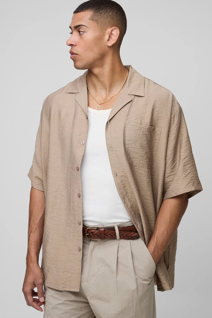 Oversized Half Sleeve Crinkle Viscose Shirt | Taupe | Size Medium