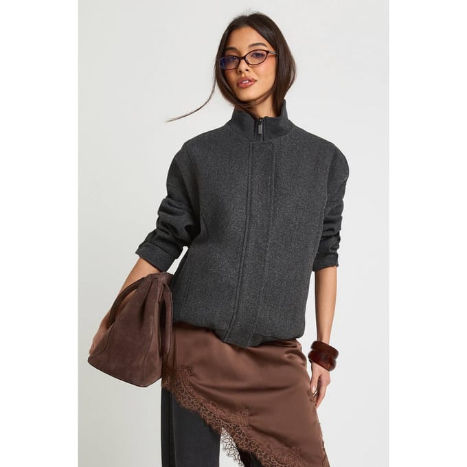 boohoo Dames Trechter Hals Wollen Look Bomber Jas | Charcoal | Maat: 16