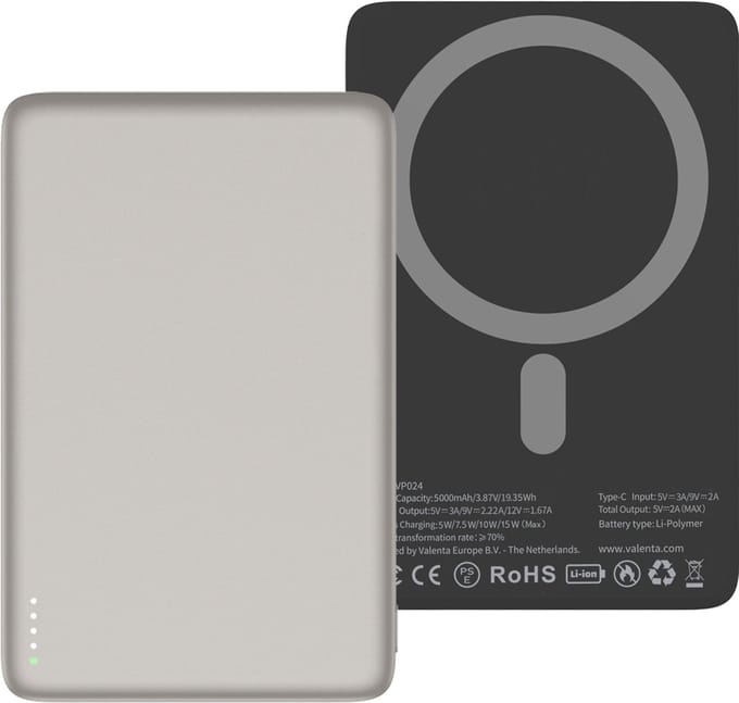 Valenta Ultra Dunne Single USB-C Powerbank 5.000 mAh 20W - Snellader - MagSafe Compatible - Naturel