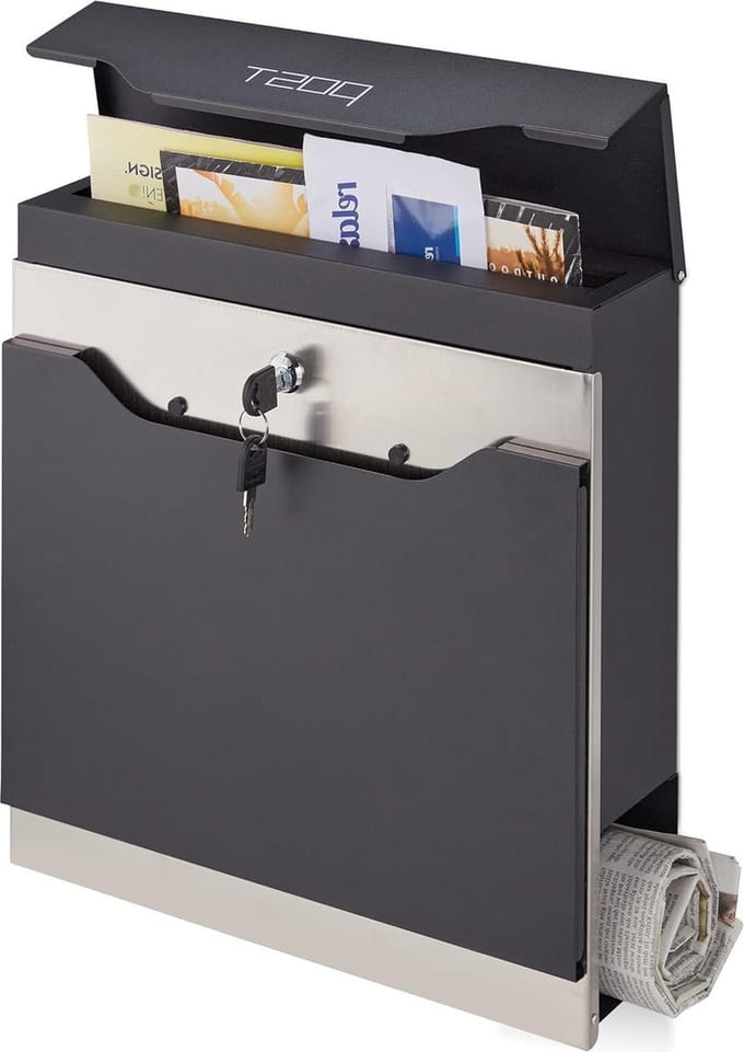 Moderne vergrendelbare postbox met krantenrol - 37 x 37 x 11 cm - zilver - zwart/zilver