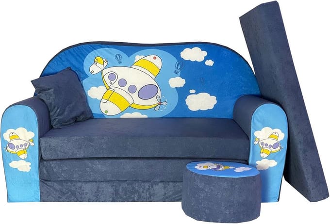 FORTISLINE Children's Sofa Children's Sofa Folding Bed Function + Stool W319 2 Many Patterns (Airplane)