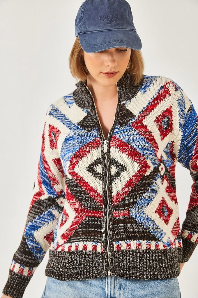 Geometrisch Patroon Ritskraag Cardigan