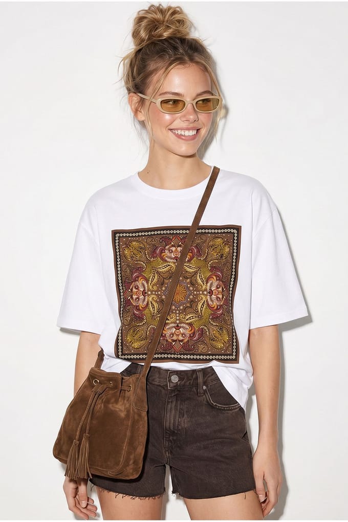 Overmaatse Etnische Print Katoenen T-Shirt