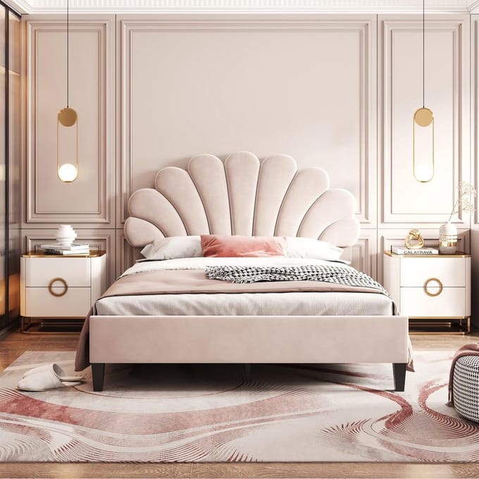 Gestoffeerd Tweepersoons Bed 140x200 met Bloemvormig Hoofdeinde - Fluweel Rood