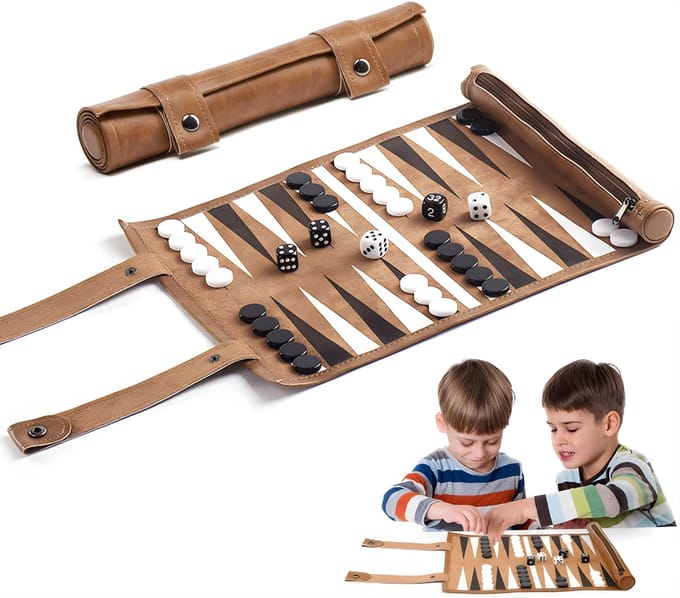 AHD® Backgammon - Backgammon Koffer - Backgammon Reiseditie - Backgammon Hout - Donkerbruin - 51cm x 26cm x 1cm