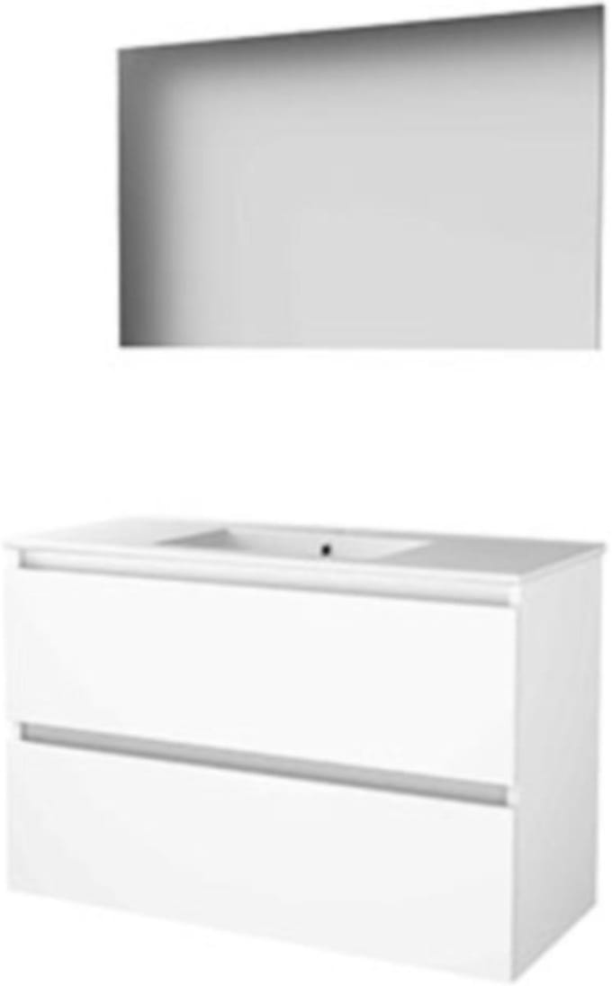 Basic-Line Basic 46 Badkamermeubelset - 100 x 46 cm - Greeploos - 2 Lades - Keramische Wastafel - 1 Kraangat - Spiegel - Ice White