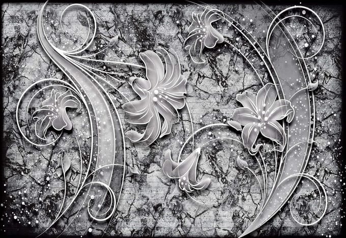 Fotobehang Floral Abstract Silver Grey Black | PANORAMIC - 250cm x 104cm | 130g/m2 Vlies