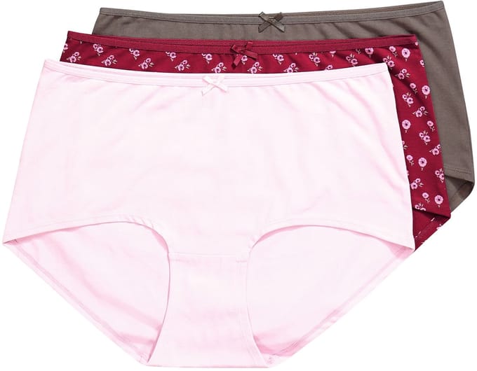 Ulla Popken - Dames - Hipster set van 3 bloemen/effen - Wijnrood - Maat 50+