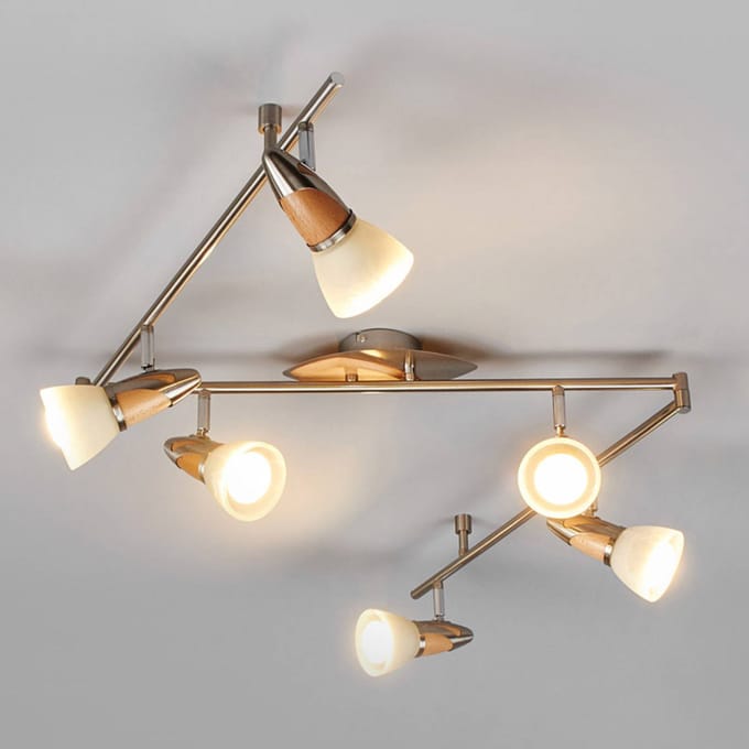 Lindby - plafondlamp - 6lichts - Metaal, hout, glas - H: 18.5 cm - E14 - nikkel gesatineerd, hout, wit gesatineerd