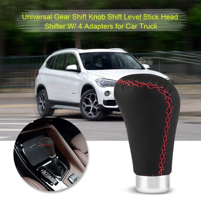 Universele Versnellingspookknop Schakelpookkop met 4 Adapters Zwart Leer Rode Stiksels black