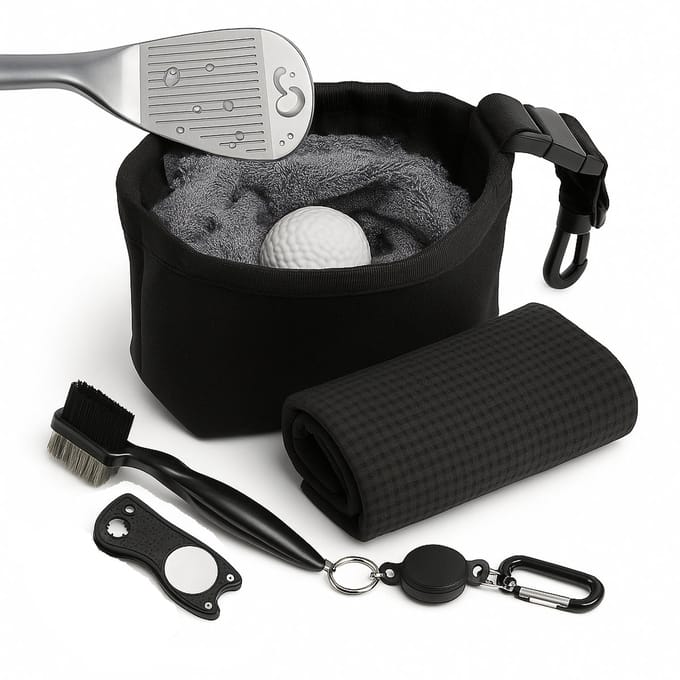 GolfClean Pro Set – Complete Reinigingsset Voor je Golfuitrusting- Golf Accessoires - Golf Handdoek + Golf Borstel + Pitchfork - Zwart - Cadeau Set