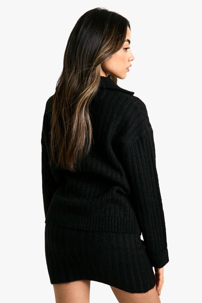 boohoo Dames Zachte gebreide dikke rib met ritssluiting en oversized jumper met mini rok set | Black | Maat: Medium