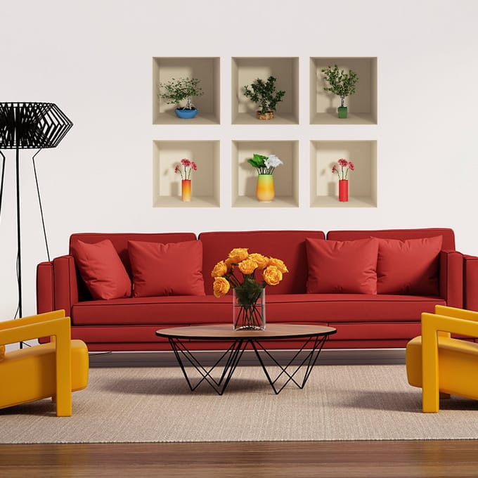 Set van 6 3D-stickers: Bloemen en planten, 60 x 90 cm