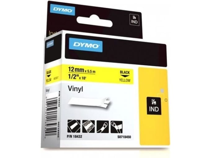 DYMO Rhino industriële Vinyl Labels | 12 mm x 5,5 m | zwarte afdruk op geel | zelfklevende labels voor Rhino & LabelManager labelprinters