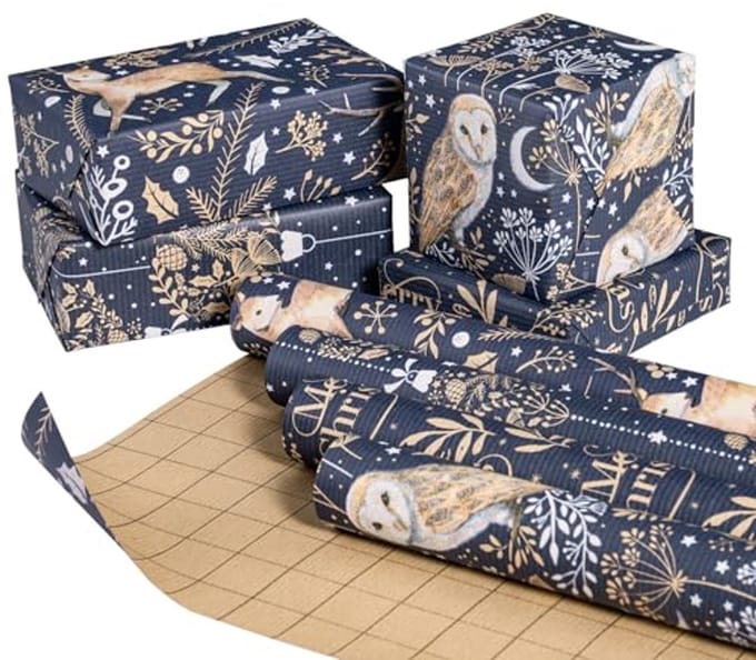 Kraftpapier voor Kerst met Uil, Rendier en Kerstbal - 4 Rollen van 43,2 cm x 3 meter