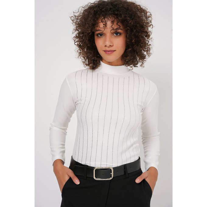 Gestreepte Halve Col Lange Mouw Top met Steen Detail