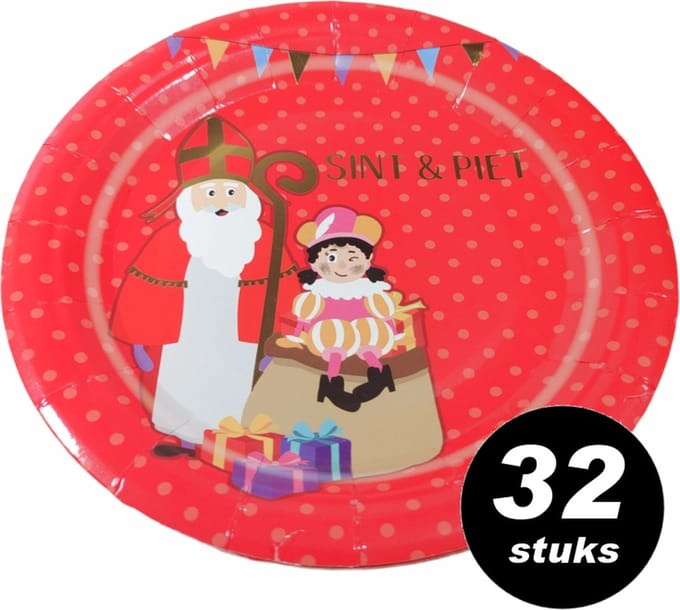 32x Sinterklaas wegwerpbordjes 'Sint & Piet' - 18 cm