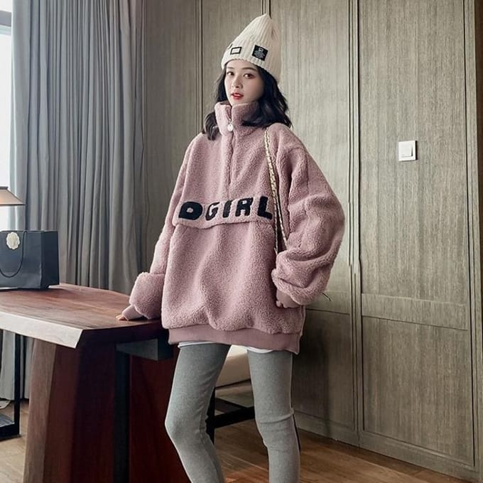 Pull Printemps et Automne pour Femmes Ample Grande Taille Automne et Hiver Col Montant Lâche Haut à Fermeture Éclair 2XL rose